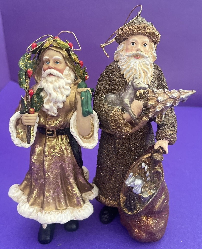 2 Gold Glitter Old World Santa Claus Christmas Ornaments - Large Resin Decor-image