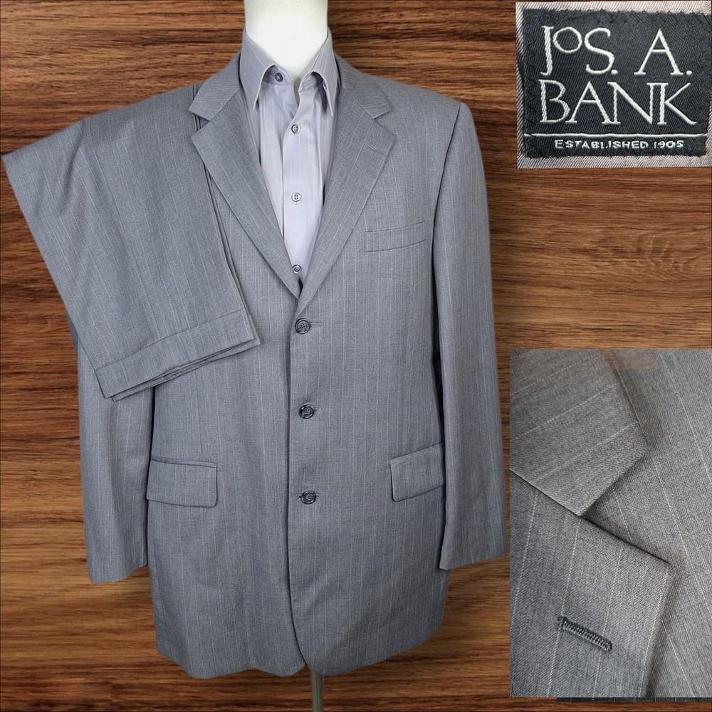 Joseph A Bank 2 Piece Suit Mens 44L 38X32 Gray Stripe 3 Button SV Wool Cashmere