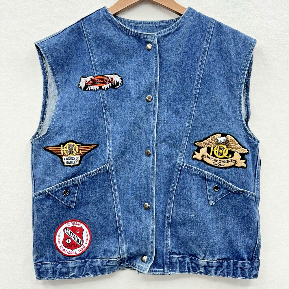 Denim Biker Vest Women’s Medium With Patches Tacoma Golden Eagles Homemade