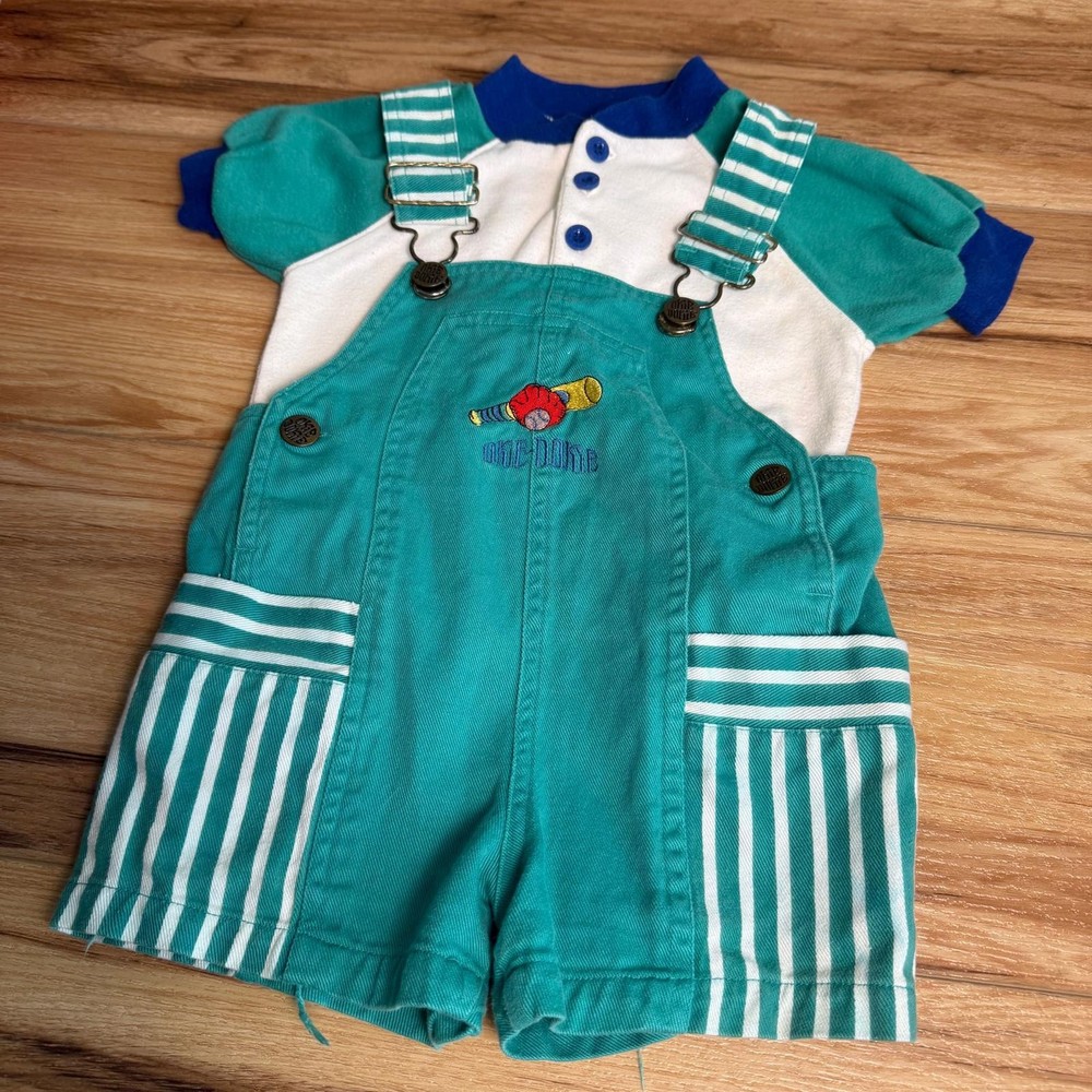 Vintage Okie Dokie 90s Teal 90 Baseball Embordered 2pc Overalls 2T