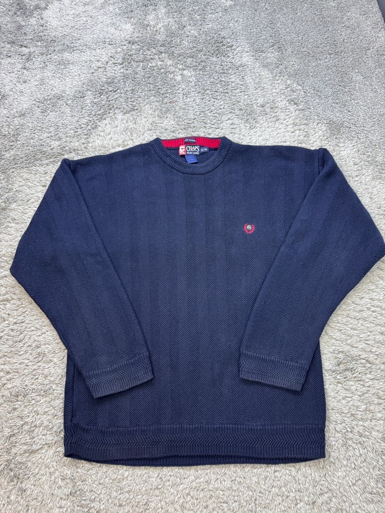 Vtg Chaps Ralph Lauren Sweater Mens XL Navy Blue Hand Framed Chunky Cable Knit