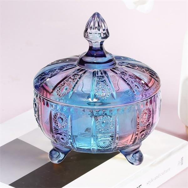 Purple-Blue Glass Candy Dish with Lid,Embossed Jar 16oz,Vintage Dishes Bowl