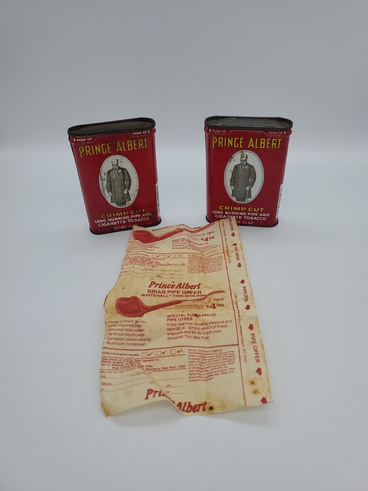 Vintage Prince Albert Tobacco Tins with 1985 Briar Pipe Coupon Paper  -image