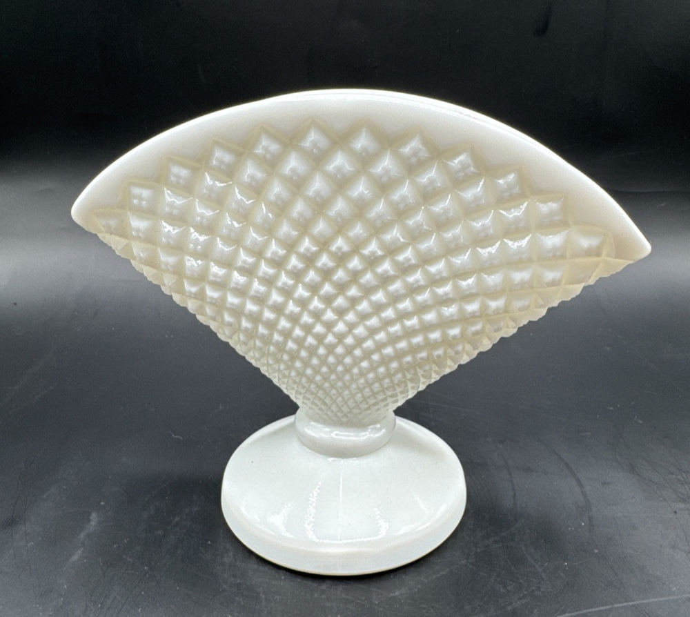 Vintage Westmoreland Milk Glass Fan Vase with Diamond Texture