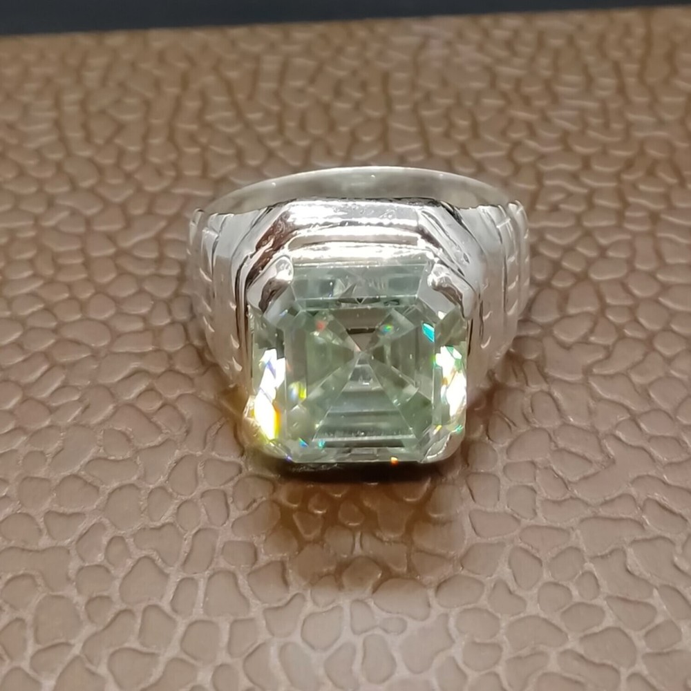 9.00 Ct Emerald Cut Blue Diamond Ring in 925 Silver Certified Statement