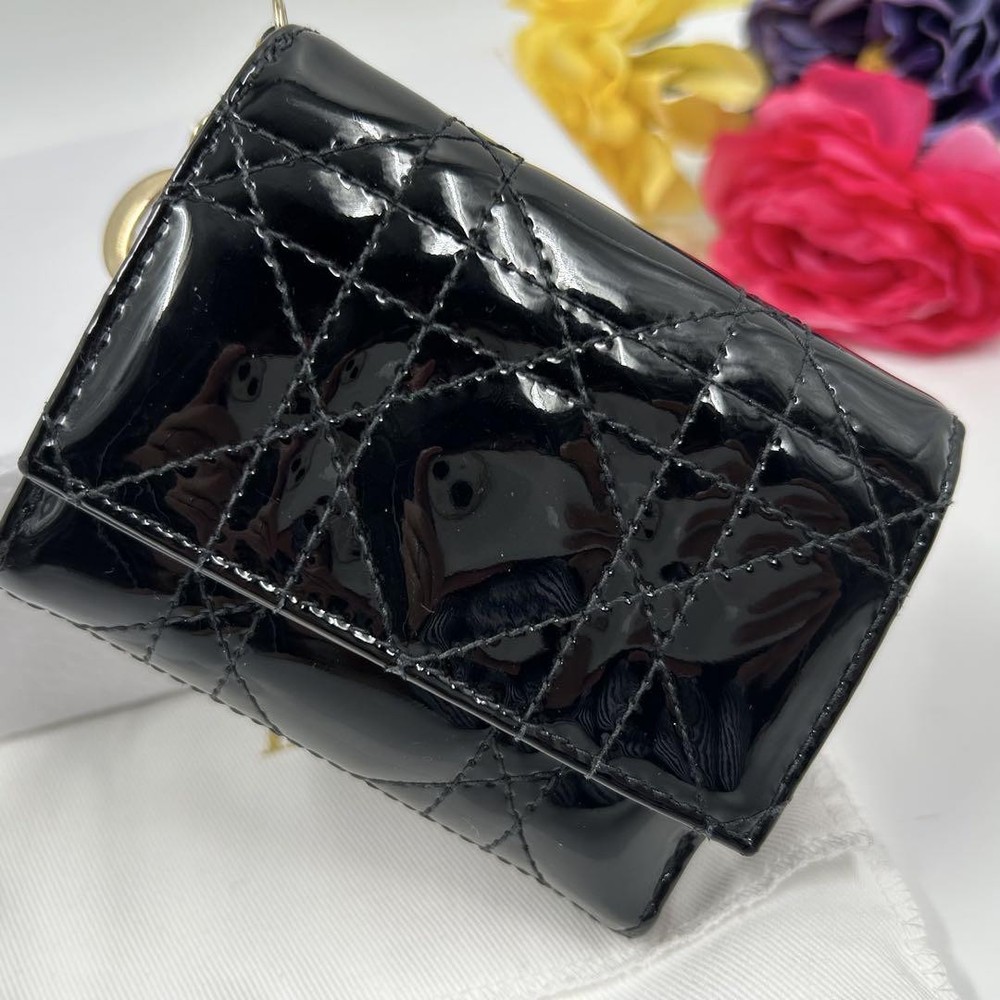 Dior Tri-Fold Lotus Canage Enamel Black Leather Wallet Pre-Owned