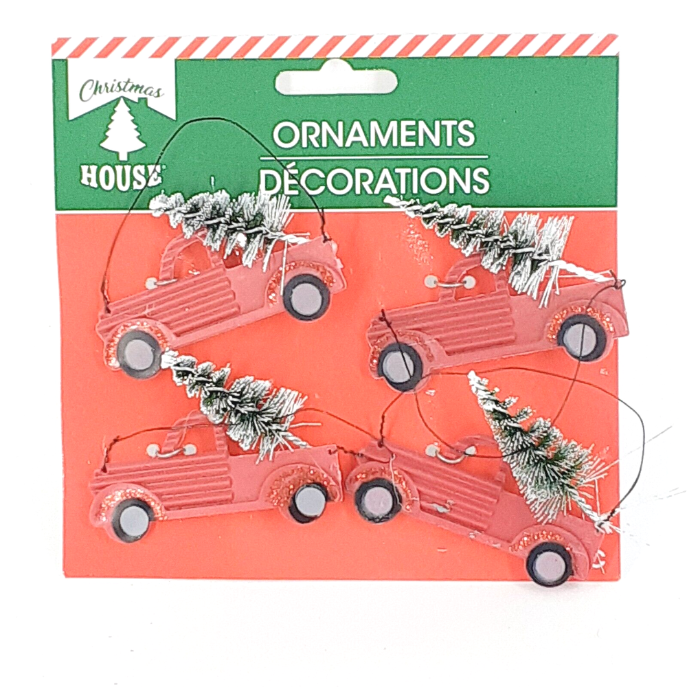 Holiday Time 4 Count Miniature Red Truck Ornaments Vintage Look Tree Gift Tag