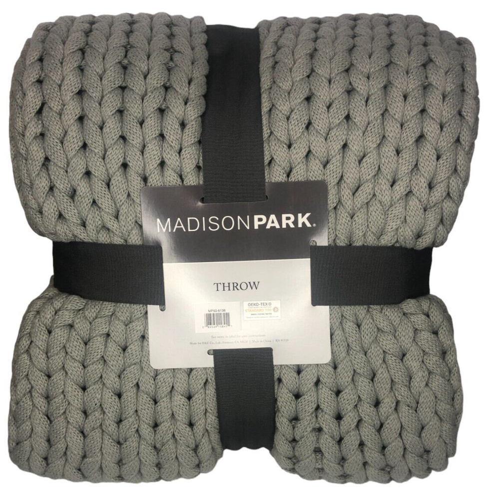 Madison Park Gray Chunky Knit Handmade Throw Blanket 50x60 Inches
