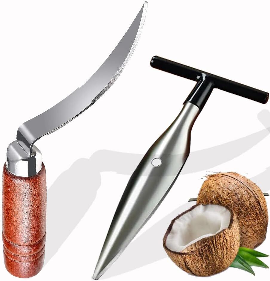 Premium Coconut Opener Tool Set -Stainless Steel Puncher and Meat Remover Knife