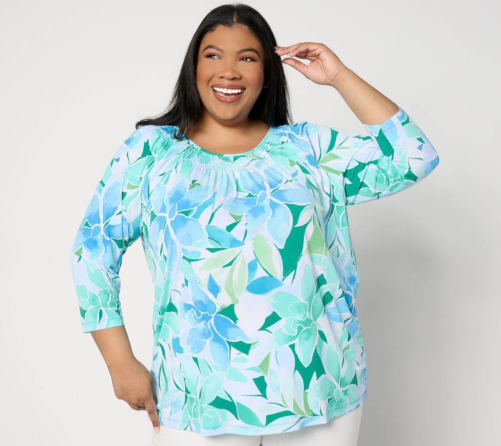 Susan Graver Women's Top Sz L Printed Liquid Knit Sleeve Multi-colored A647436