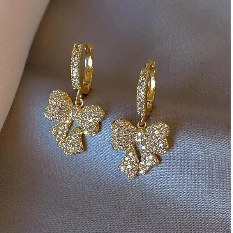 1.20Ct Round Cut Moissanite Bow Knot Drop Dangle Earrings 14k Yellow Gold Plated