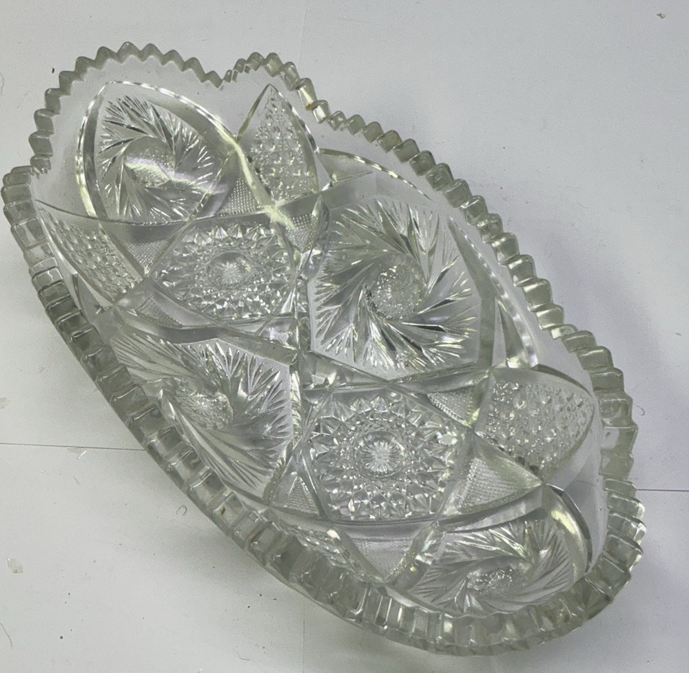 Antique American Brilliant Cut Glass Crystal Celery Relish Oval Dish Tray READ