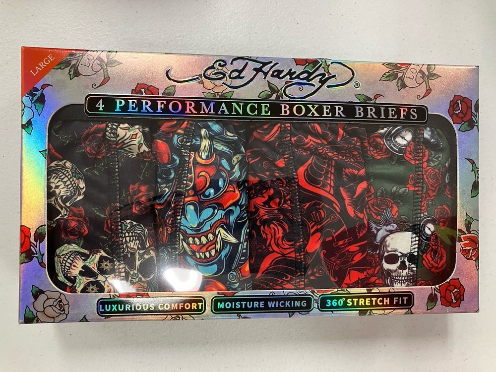 Ed Hardy Mens Skull Rose Performance Boxer Briefs 4-Pack Colorful Y2K Style
