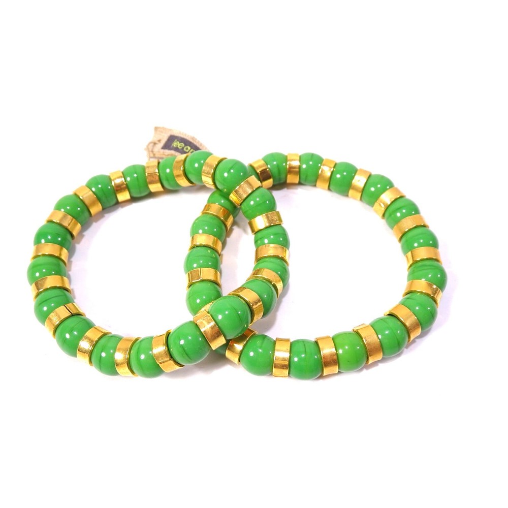 Neiman Marcus Lee Angel Gold Glass Bead Spacer Bracelet Set of 2 NWT Green 198