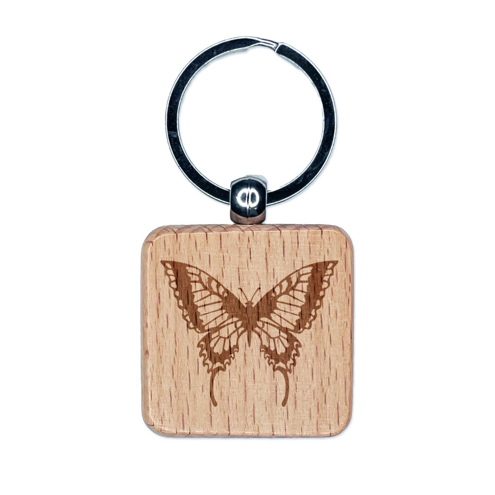 Swallowtail Butterfly Engraved Wood Square Keychain Tag Charm