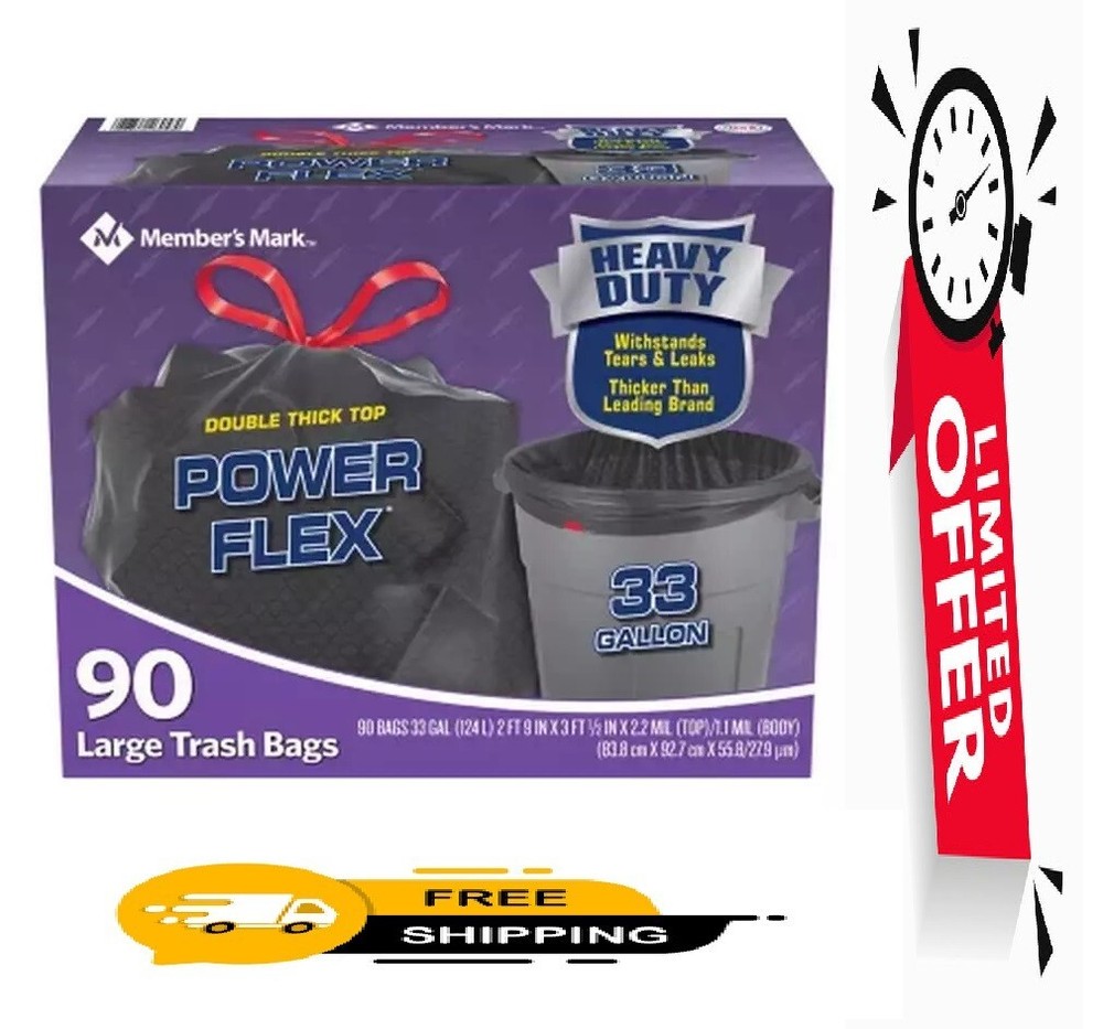 Members Mark 33-Gal Flex Drawstring Trash Bags 90ct Free Shipping