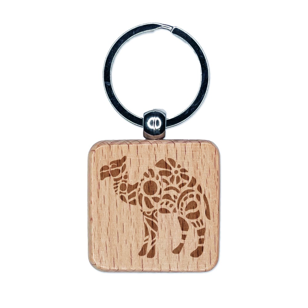 Intricate Dromedary Arabian Camel Engraved Wood Square Keychain Tag Charm