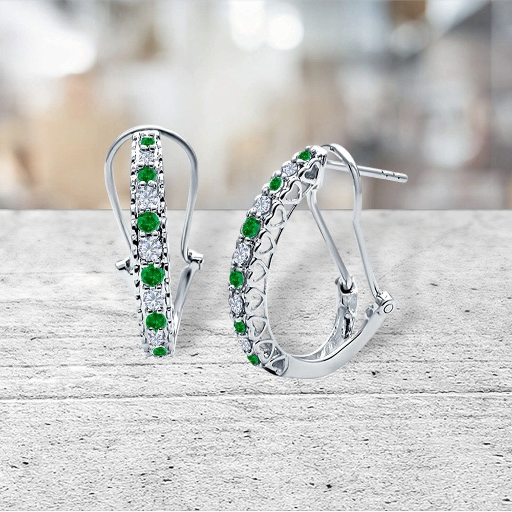 Genuine Emerald & White Sapphire Hoops in Solid Sterling Silver - Omega Backs