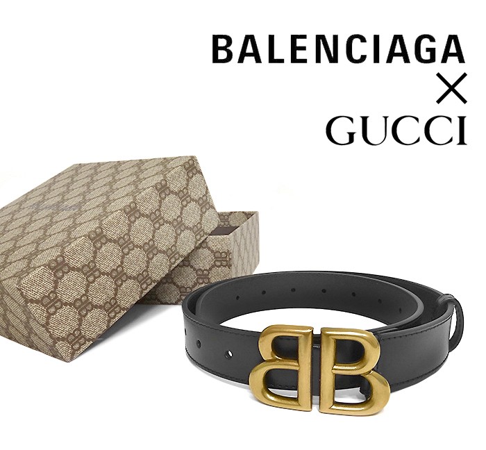 Balenciaga x Gucci black leather belt with logo buckle for high-waisted dresses