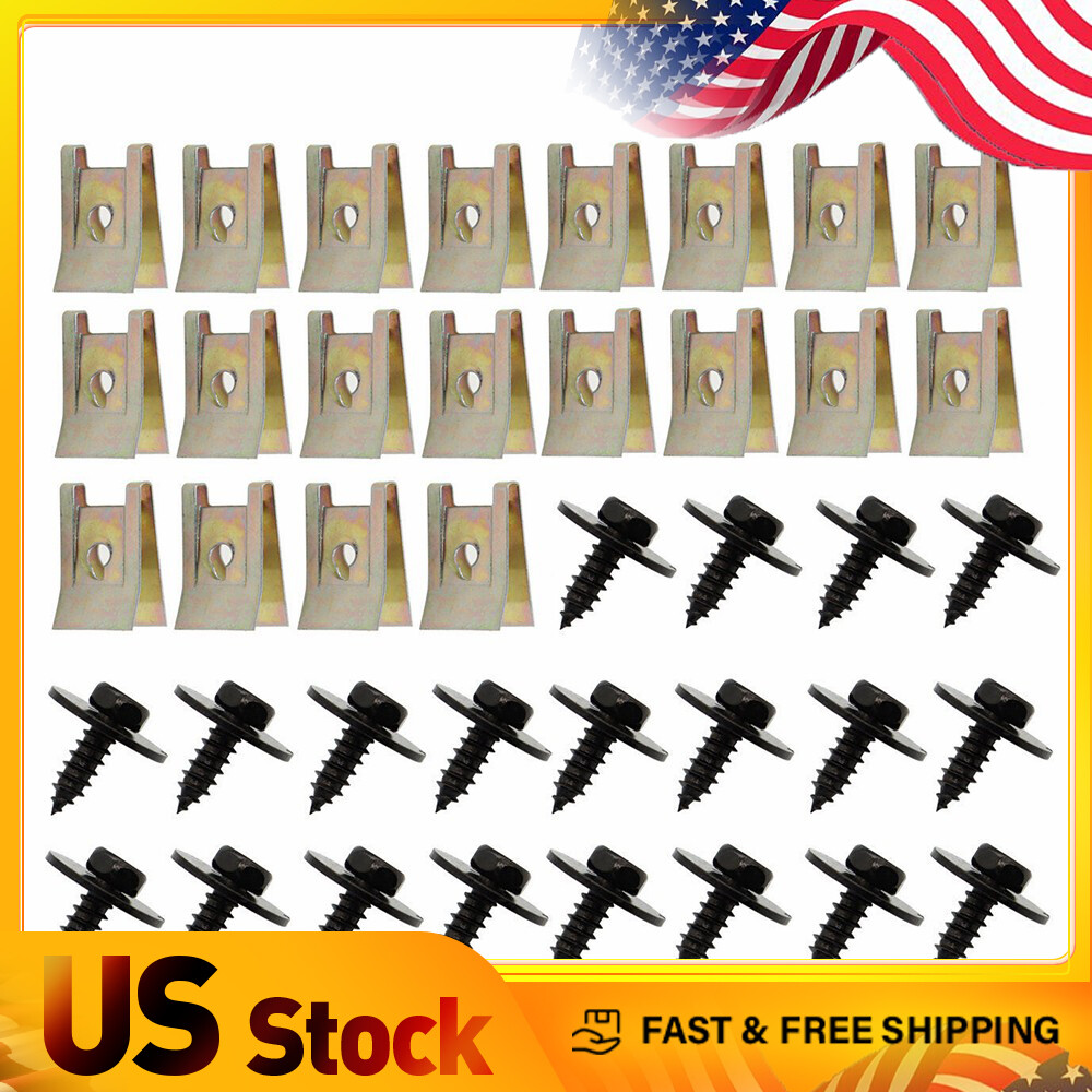 40xMetal Car Screw Body Fender Bumper Retainer Clips U Nut Gasket Fastener Kit