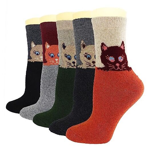 5Pack Womens Warm Wool Soft Cozy Crew Socks Cute Animal Owl Cat Design Multi-1