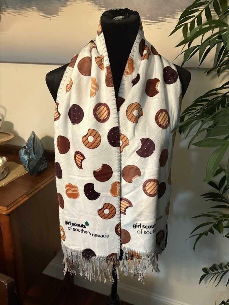 Super soft Girl Scout Cookie Scarf / grey back with Fringe