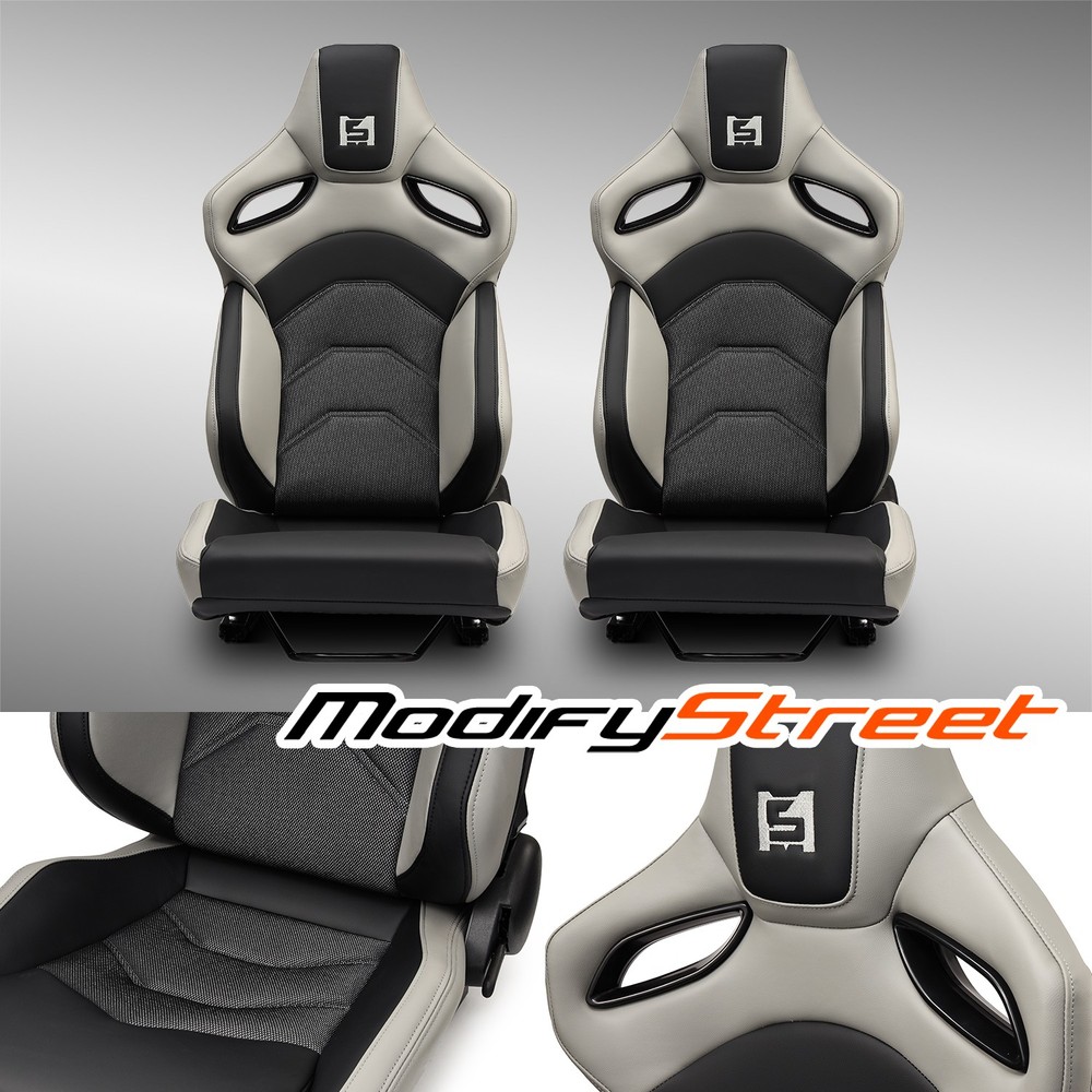 Reclinable PVC Black-Grey [Dark Knight Series] Racing Seats Pair w/Sliders