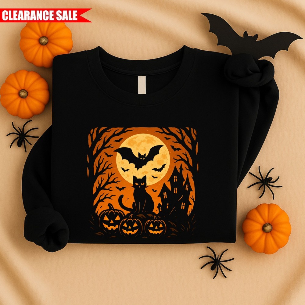 Cat Halloween Sweatshirt Printed Pumpkin Cat Scary Halloween Gift Unisex Jumper