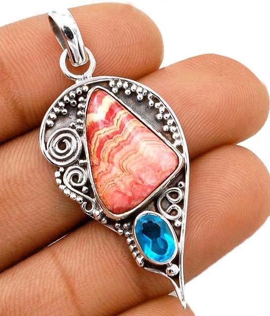 Natural Pink Rhodochrosite -Argentina 925 Sterling Silver Pendant @B1-2