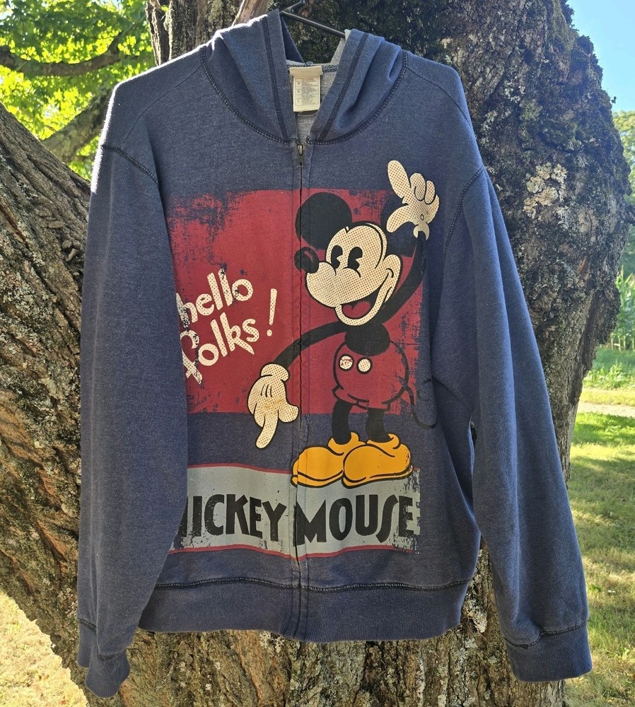 Vintage DISNEY STORE Mickey Mouse Hello Folks! Full Zip Size Large RETRO Hoodie
