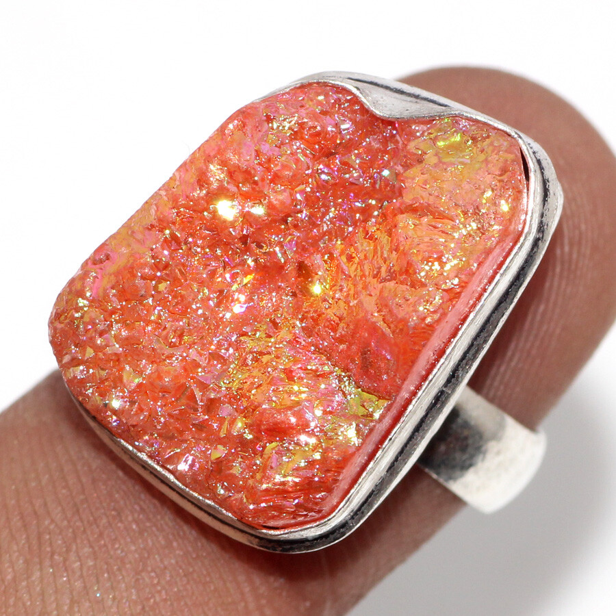 925 Silver Plated-Titanium Druzy Ethnic Gemstone Ring Jewelry US Size-7.5 JW
