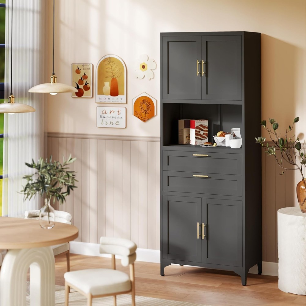 74.8 Inch Kitchen Storage Cabinet with 4 Doors 2 Drawers and Open Countertop
