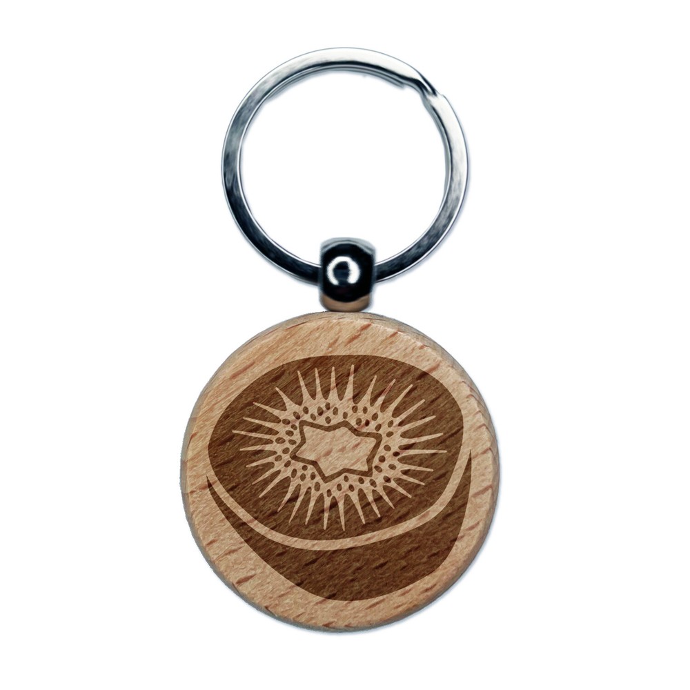 Kiwi Fruit Drawing Engraved Wood Round Keychain Tag Charm
