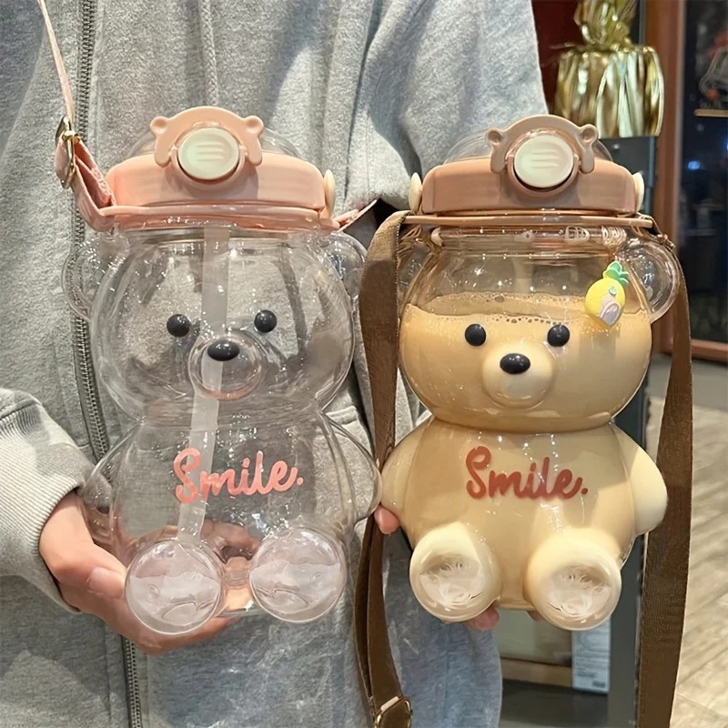 Kawaii Bear Plastic Water Bottle with Straw Shoulder Strap Cute Kids Bottles UK