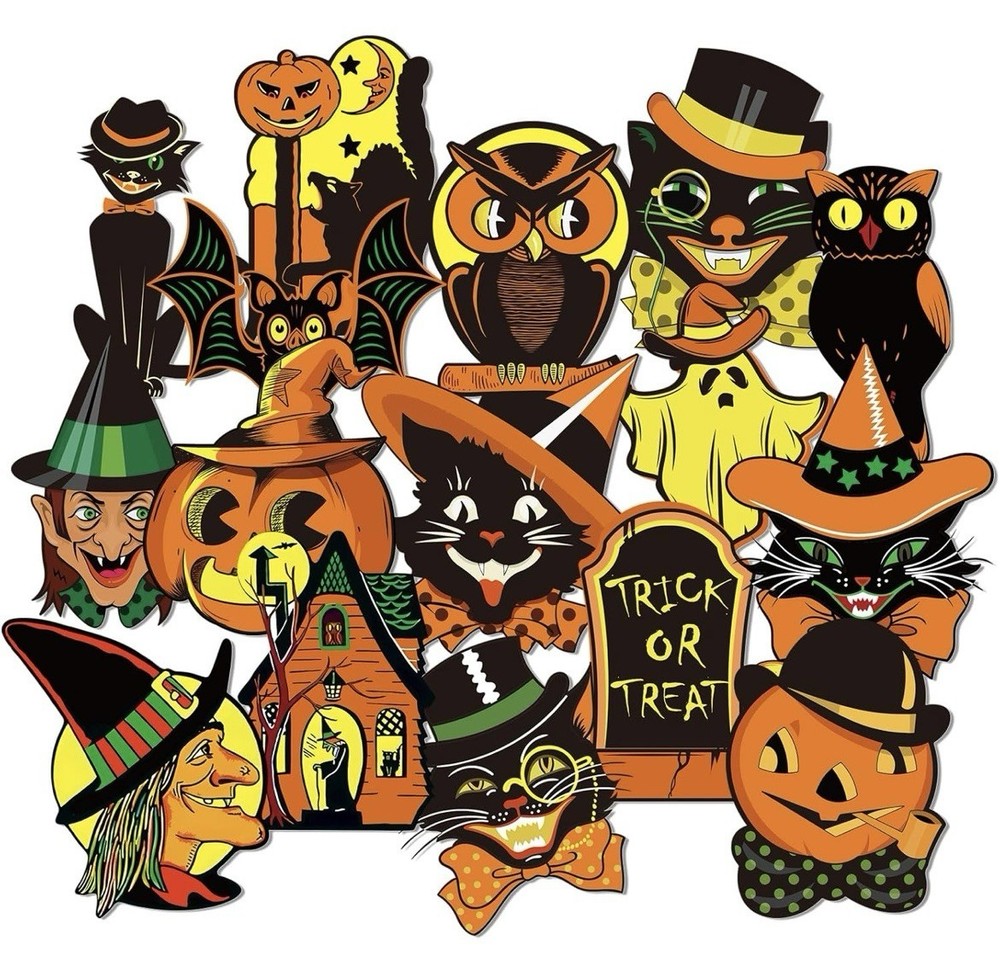 40Pcs Vintage Halloween Decorations - Assorted Retro Pumpkin, Cat, Owl Cutouts