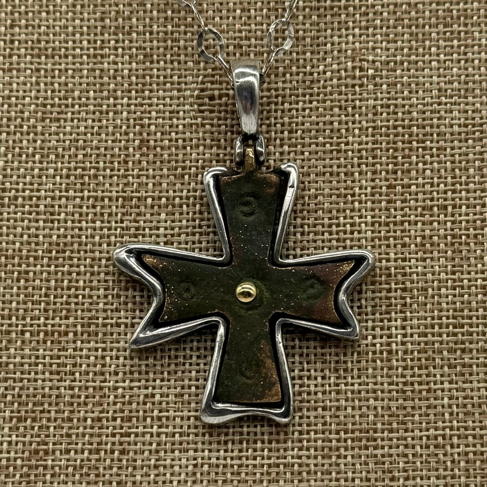 Ancient Byzantine Bronze Cross in Sterling Silver Setting & 20
