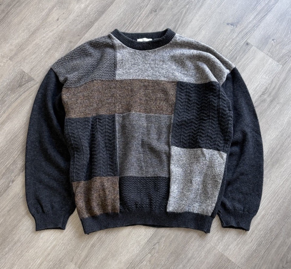 Vintage 90s David Taylor Patchwork Design Wool Brown & Gray Knit Sweater Mens XL
