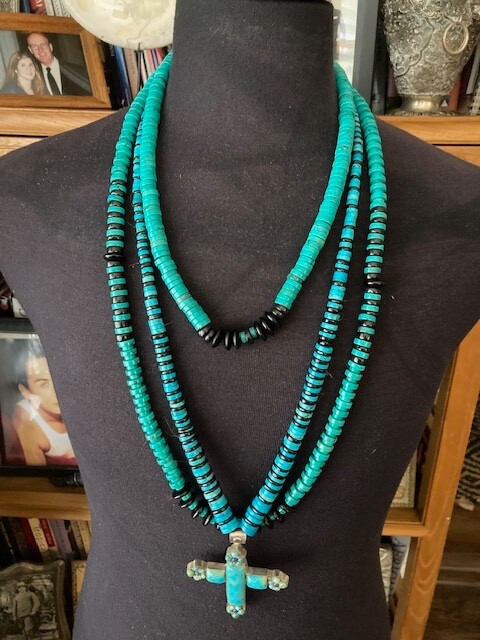 Bohemian Set of Turquoise and Onyx Necklaces with Turquoise Sterling Cross