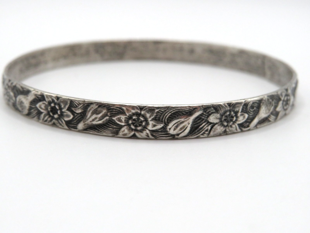 DANECRAFT STERLING SILVER FLORAL BANGLE BRACELET VINTAGE ETCHED FLOWER DESIGN 8