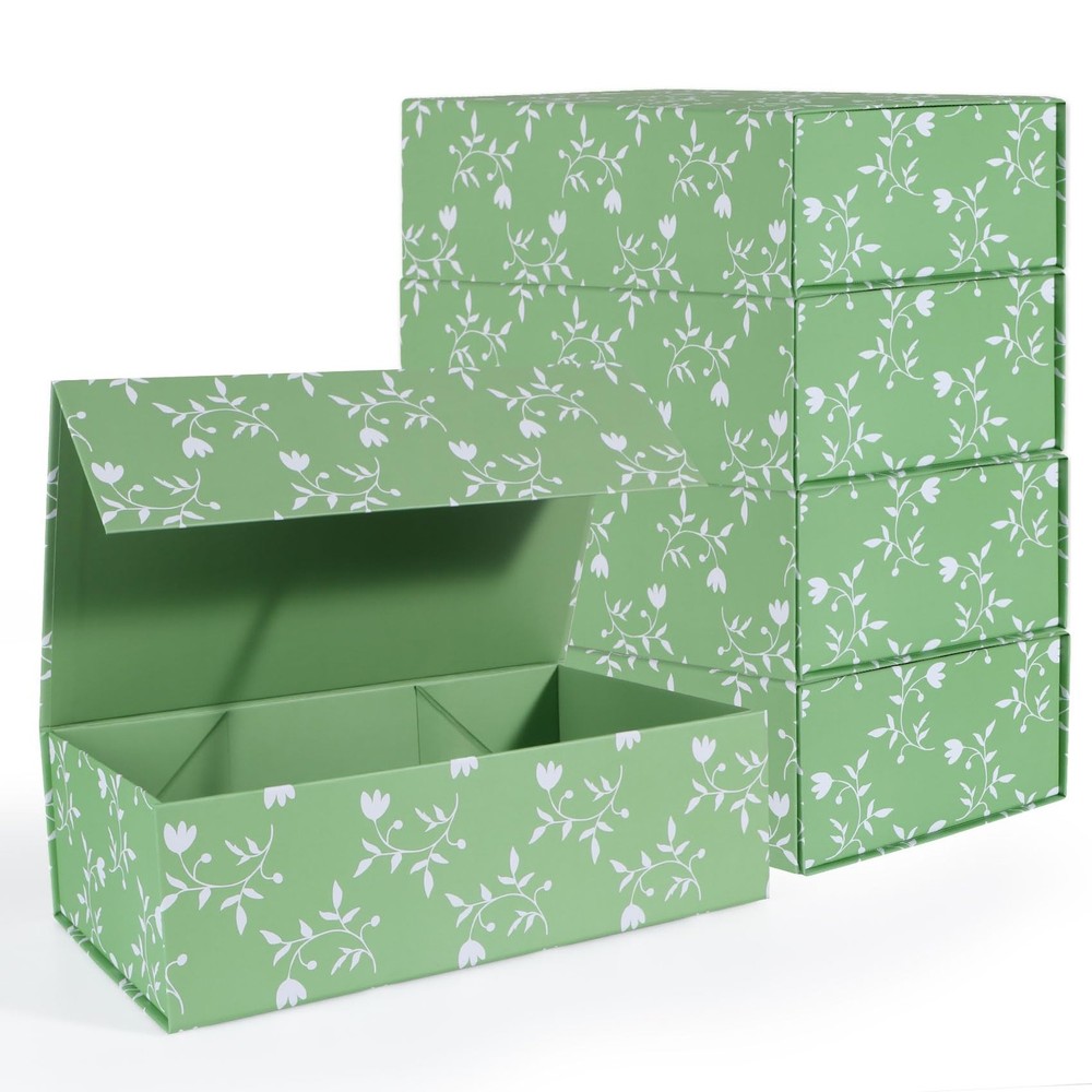 Green Leaves Gift Box with Magnetic Lids 13.8x8.3x4.4 in, Large Bridesmaid Pr...