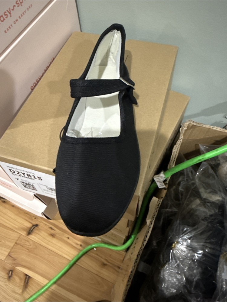 Mary Jane's Black Cotton Slip On Adjustable Strap Size 9, New Without Box