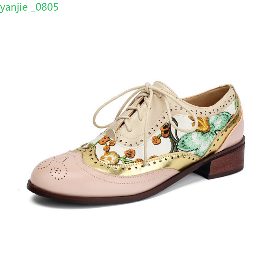 Patchwork Women's Wing Tip Shoes Floral Flats Oxfords Brogue Lace Up Block Heel