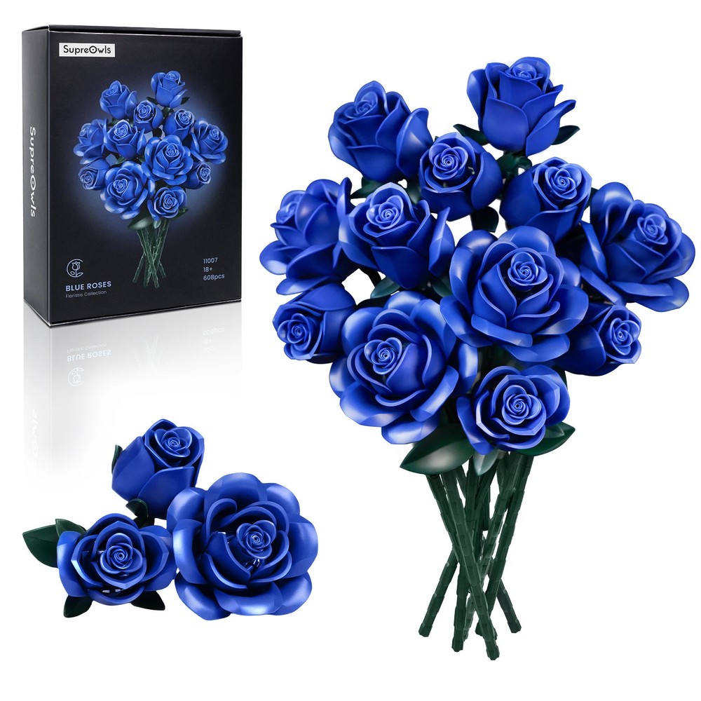 12PCS Blue Rose Building Blocks Bouquet Set Floral Decor Gift for Adults