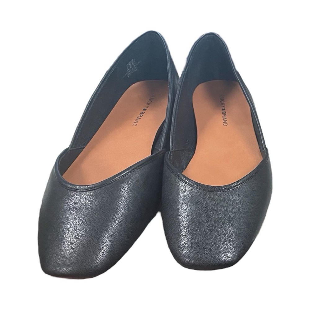 Lucky Brand Black Leather Square Toe Slip On Solid Pattern Flats Women's 8.5