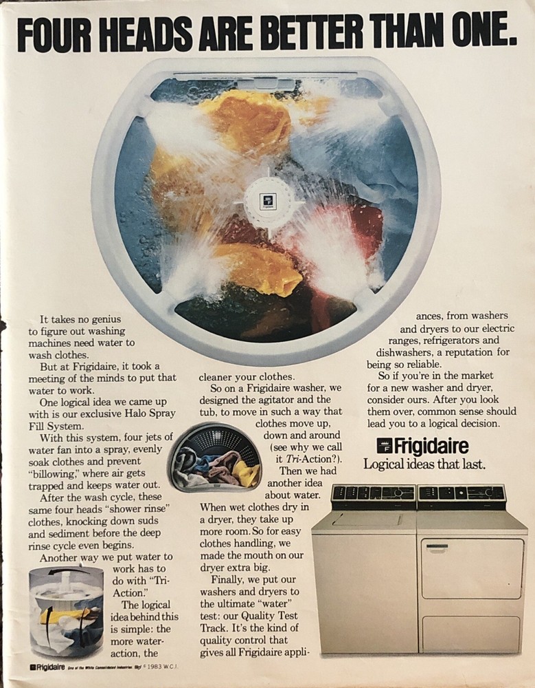 1983 Frigidaire Washer PRINT AD Halo Spray Fill System - Four Heads VTG 1980s