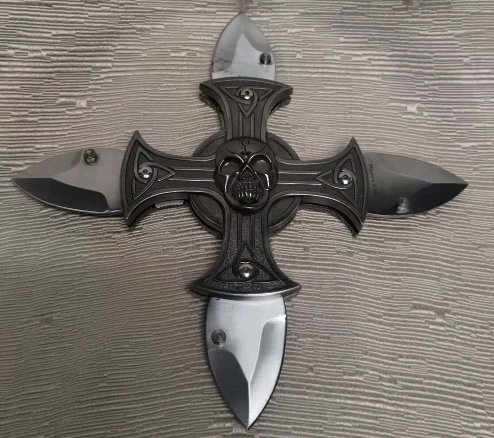 Rebel Edge Celtic Cross & Skull 4 Blade Folding Star Throwing's Knife