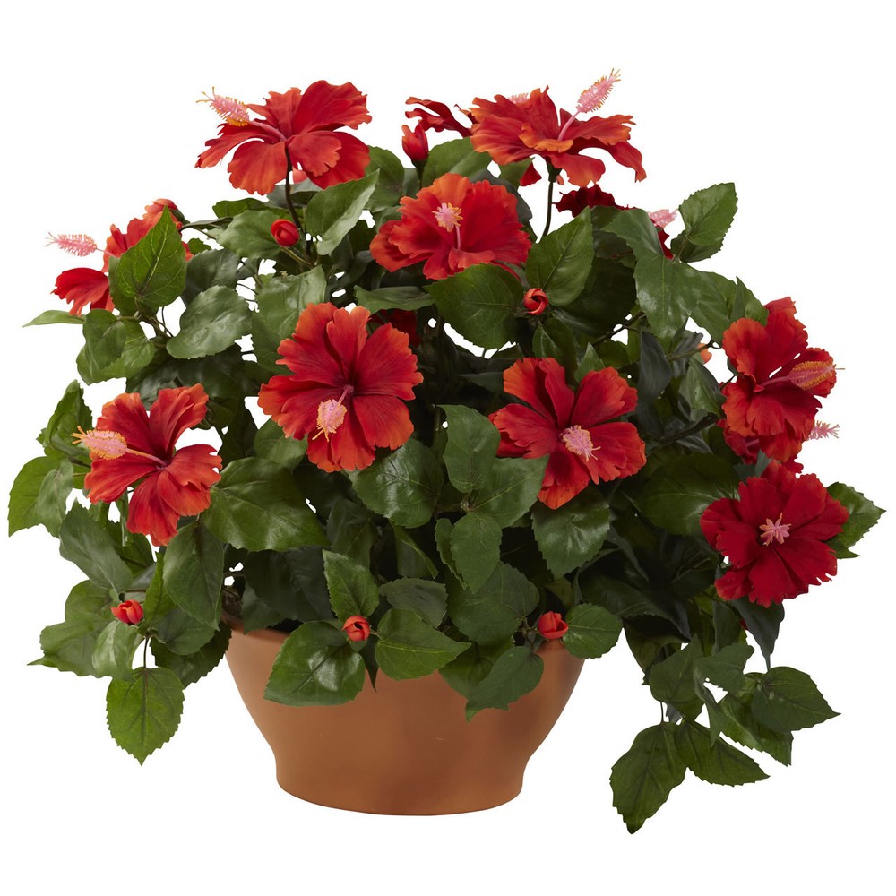 Silk Red Hibiscus Flower in Decorative Clay Pot  