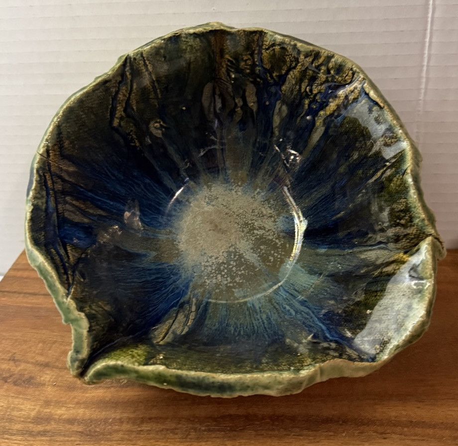 Handmade Textured Ceramic Bowl with Green and Blue Glaze Finish
