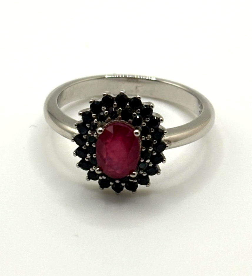NWT RUBY & BLACK SPINEL HALO RING SIZE 8 IN 925 STERLING SILVER
