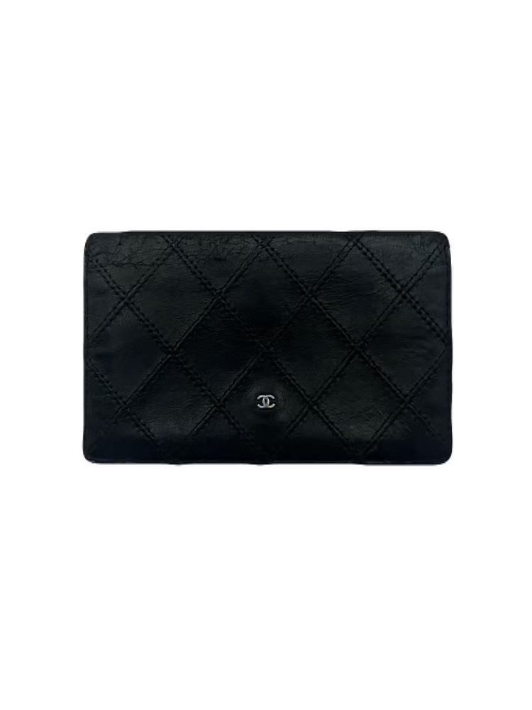 CHANEL Black Leather Card Wallet Case USED E0530-130